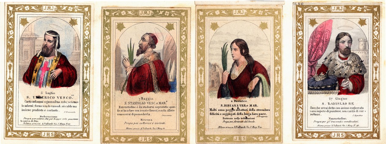 Zbožný obrázek: „“ Sv. Ulrich z Augsburgu, sv. Stanislav, sv. Bibiana, sv. Ladislav I. Uherský““ Karta soukromé sbírky od Anonymous Anonymous