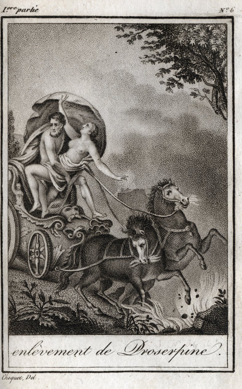 Pluto (Hades) vezme Persephone (Proserpine) před svou matku Ceres (Demeter) a vezme ho do království podsvětí. Pluto odnese Persefonu do svého království, podsvětí, v řecké mytologii. Rytina z roku 1819 v „Lettres a Emilie s od Anonymous Anonymous