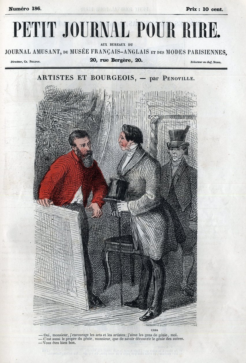 Politická a sociální karikatura během Druhého císařství. „“Umělec a buržoazní““: rozhovor mezi amatérem buržoazního umění (mecene). Rytina do „“ Petity Journal pour rire““ od Anonymous Anonymous