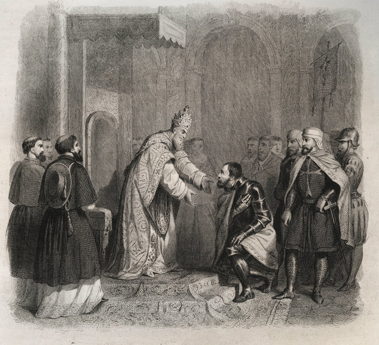 Papež sv. Pius V. (Pius nebo Pio) (1566-1572) přijímající vítěze bitvy u Lepante. Rytina z roku 1846 v „Životech svatých““. Soukromá sbírka. od Anonymous Anonymous