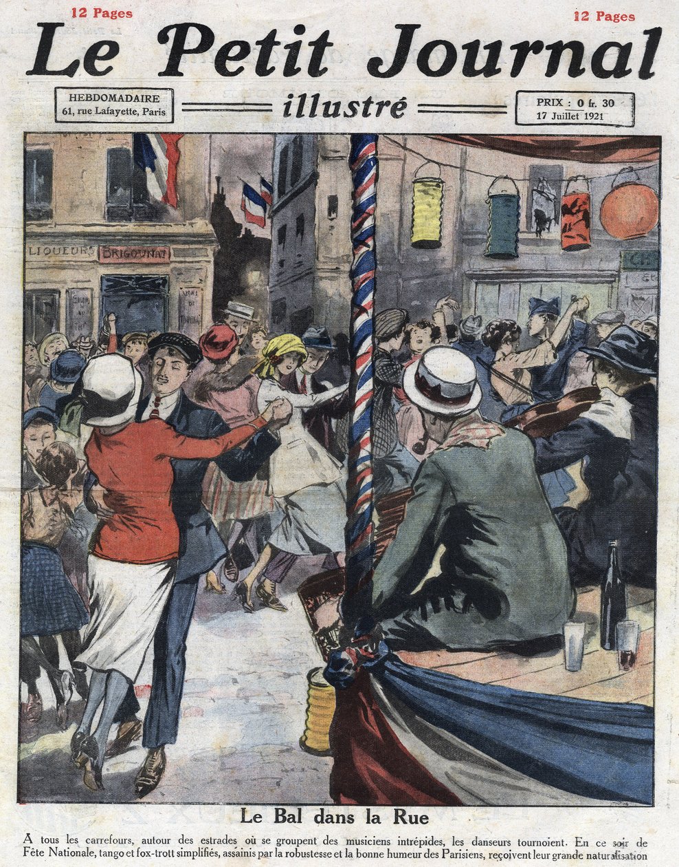 Populární plesy v ulicích Paříže u příležitosti národního večírku 14. července. Ilustrace převzata z „Le petit journal illustrious““ ze 17.7.1921. Soukromá sbírka od Anonymous Anonymous