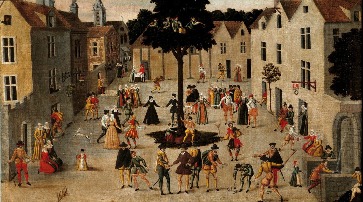 Populární tradice: “”Oblíbená slavnost kolem Arbre de Mai (jilmu) v Paříži”” Anonymní obraz. Slunce 16. století. 0,7x1,3 m Paříž, Musee Carnavalet od Anonymous Anonymous