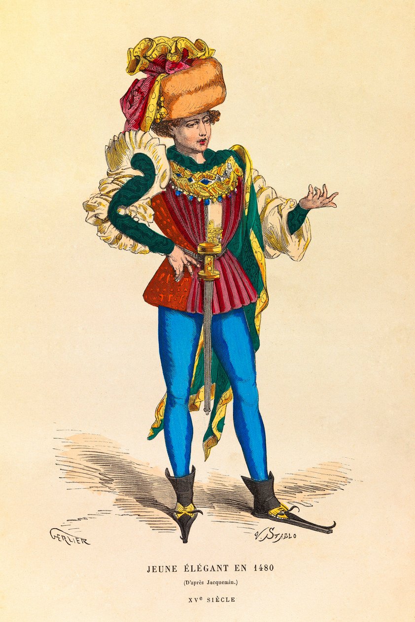 Portrét a kostým mladého elegána v Paříži roku 1480, rytina - soukromá sbírka od Anonymous Anonymous