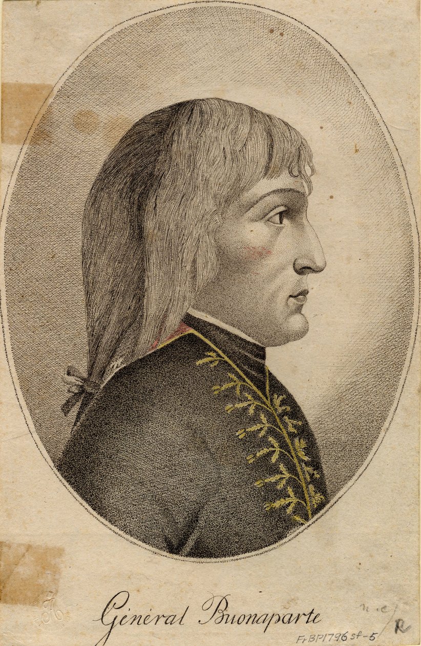 ""Portrét generála Napoleona Bonaparta (1769-1821)"" Anonymní rytina 1796 Rozměr 19,2 x 12,5 cm Soukromá sbírka od Anonymous Anonymous