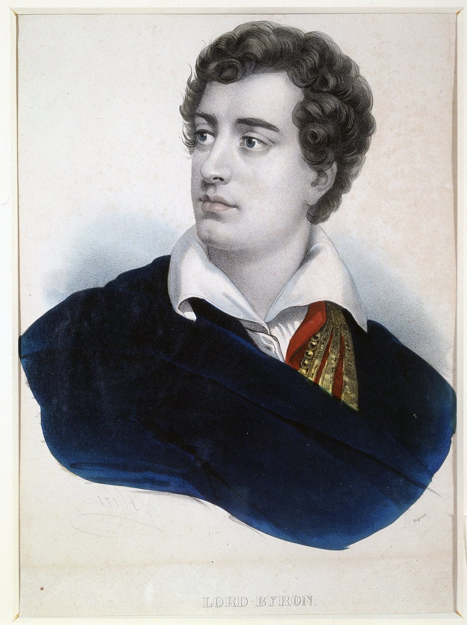 Portrét básníka Lorda George Noela Byrona (1788-1824) (Portrét básníka Lorda G.N.Byrona). Anonymní litografie, doplněná akvarelem, počátek 19. století. Anglické umění, romantismus. A. Pushkin Memorial Museum, Petrohrad. od Anonymous Anonymous