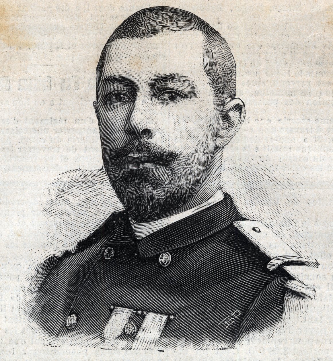 Portrét Antoina Mizona (1853-1899) francouzského cestovatele v Africe. Rytina „“Le Peute Parisien““ od Anonymous Anonymous