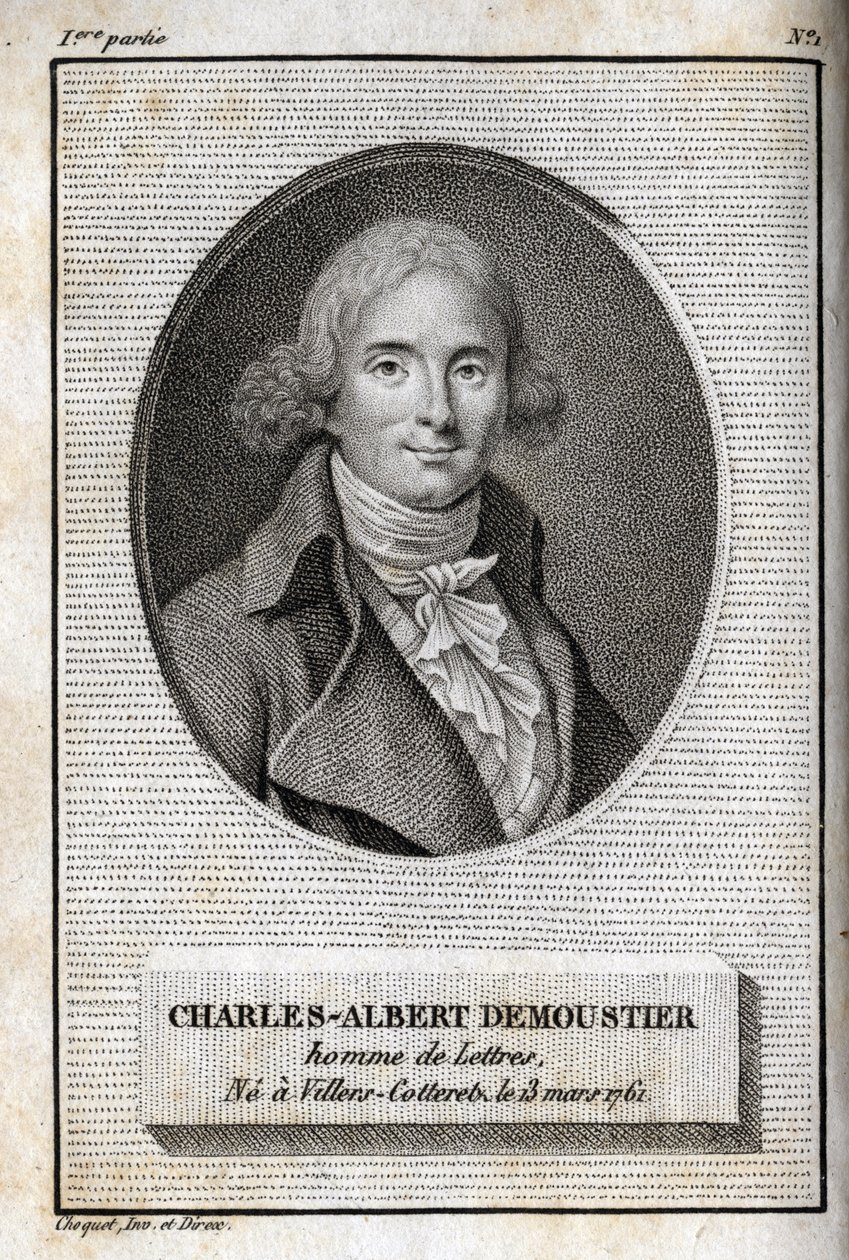 Portrét Charlese Alberta Demoustiera (1760-1801), francouzského spisovatele. Rytina z roku 1819 v „Lettres a Emilie sur la mythologie“ od Charlese Alberta Demoustiera (1760-1801). Soukromá sbírka. od Anonymous Anonymous