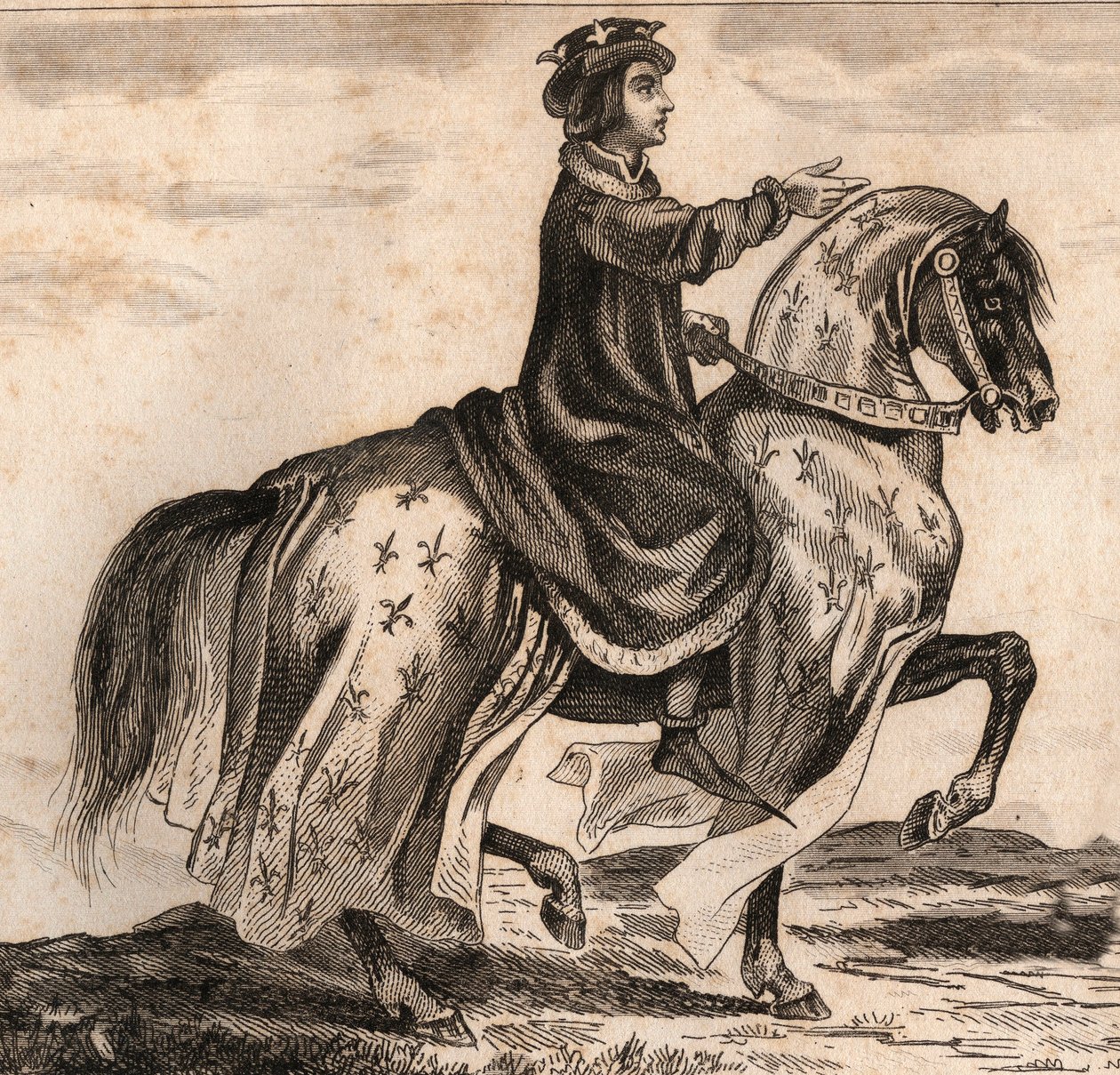 Portrét Karla IV. Bela (1294-1328), francouzského krále. Rytina z roku 1859 v „“ Le Monde. Dějiny všech národů od nejvzdálenějších dob až po současnost“. od M. E. de Lostalot-Bachoue (Lostalot Bachoue). Soukromá sbírka. od Anonymous Anonymous