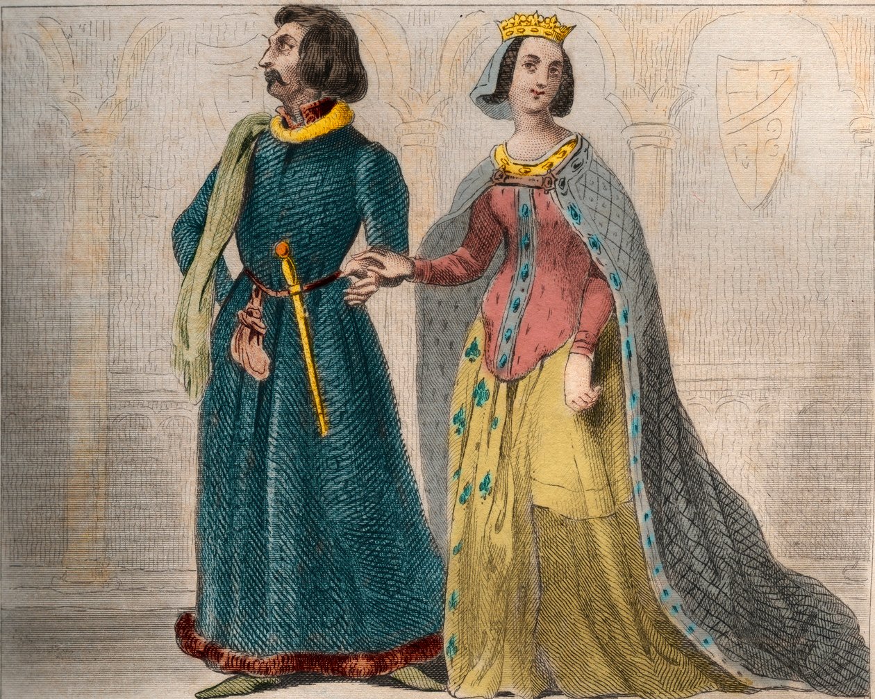Portrét Charlotte de Savoie (1441-1483) královny Francie, s Ludvíkem XI. Francouzským, známým jako Prudent (1423-1483). Rytina z roku 1859 v „“ Le Monde. Dějiny všech národů od nejvzdálenějších dob až po současnost“. od M. E. de Lostalot-Bachoue. od Anonymous Anonymous