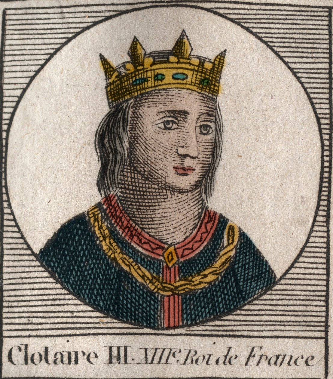 Portrét Clothaire III (652 - 673), krále Neustrije a Burgundska - Chlothar III nebo Clotaire III, král Franků z domu Merovejců - rytina z „Instruction sur l