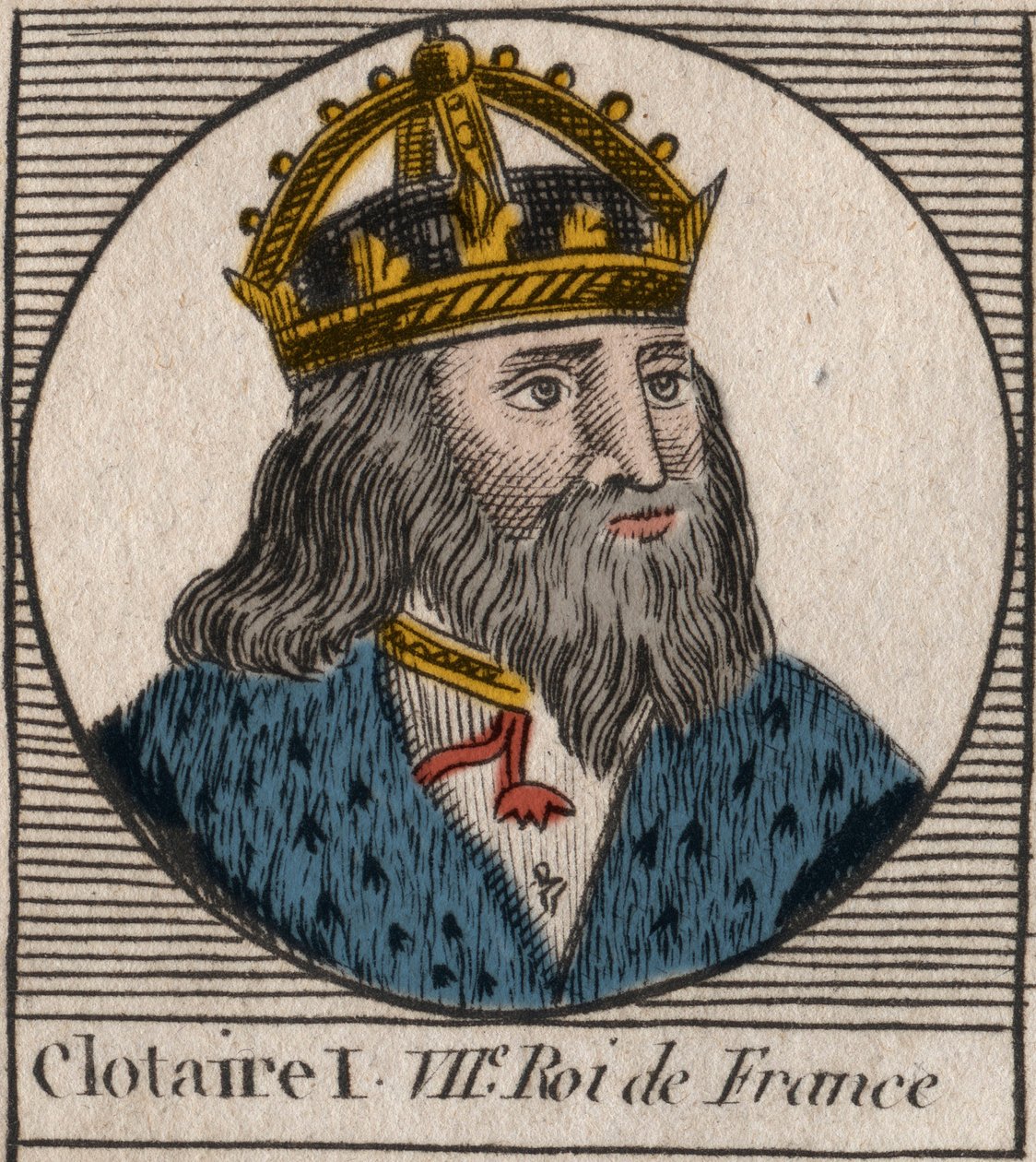 Portrét Clothaire I. (497 - 561), krále Neustrije a krále Franků - Clothar I., král Franků - rytina z „Instruction sur l