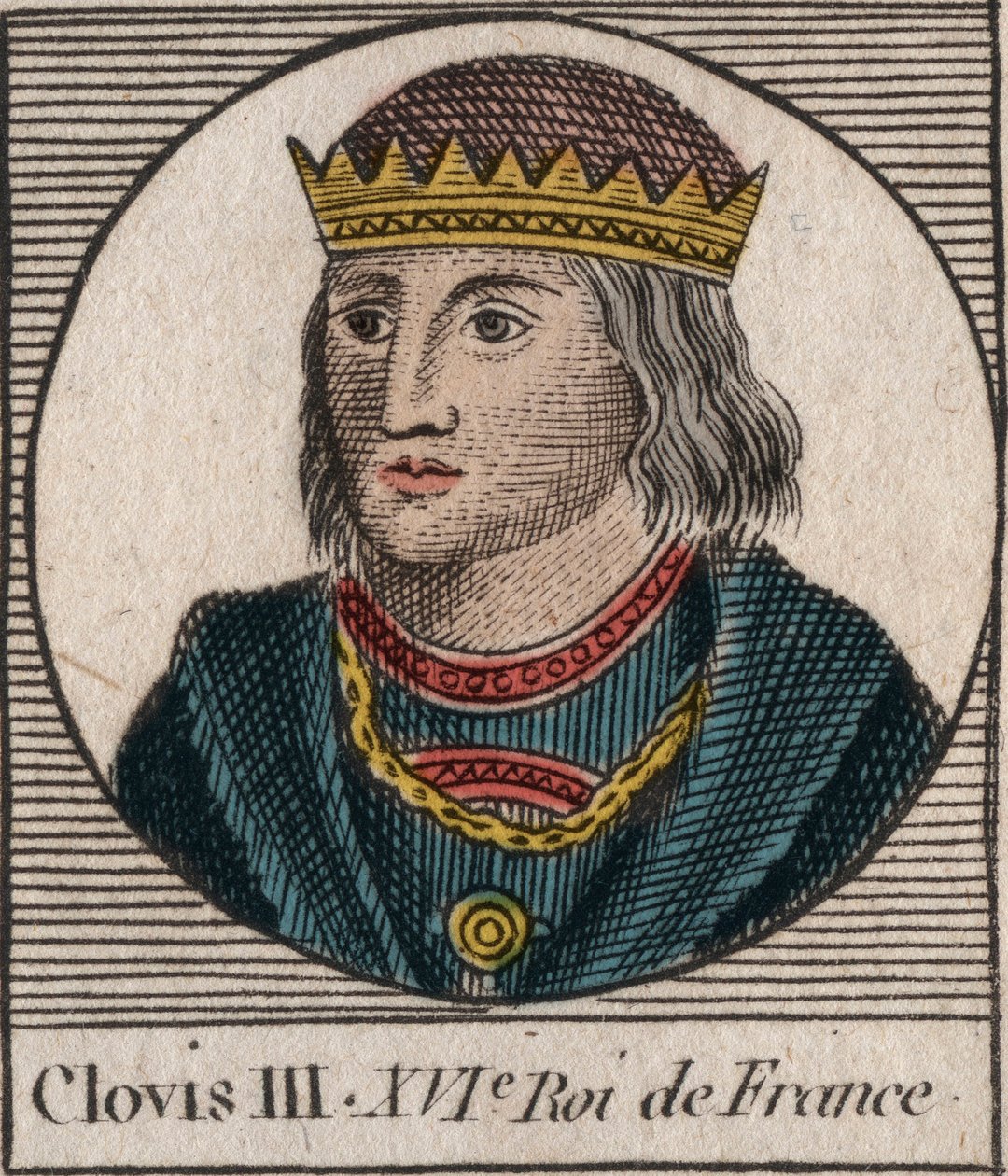 Portrét Clovise III., krále franků v letech 691 až 695 - CLOVIS III. Merovejský král Neustrije a Austrasie - rytina z „Instruction sur l