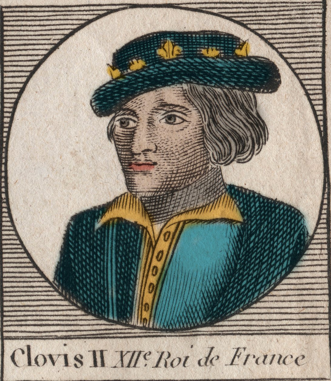 Portrét Chlodvíka II., krále franků (v.633-657) - Chlodvíka II. (asi 634-657), merovejského franského krále Neustrije a Burgundska (639-657) - rytina z “” Instruction sur l