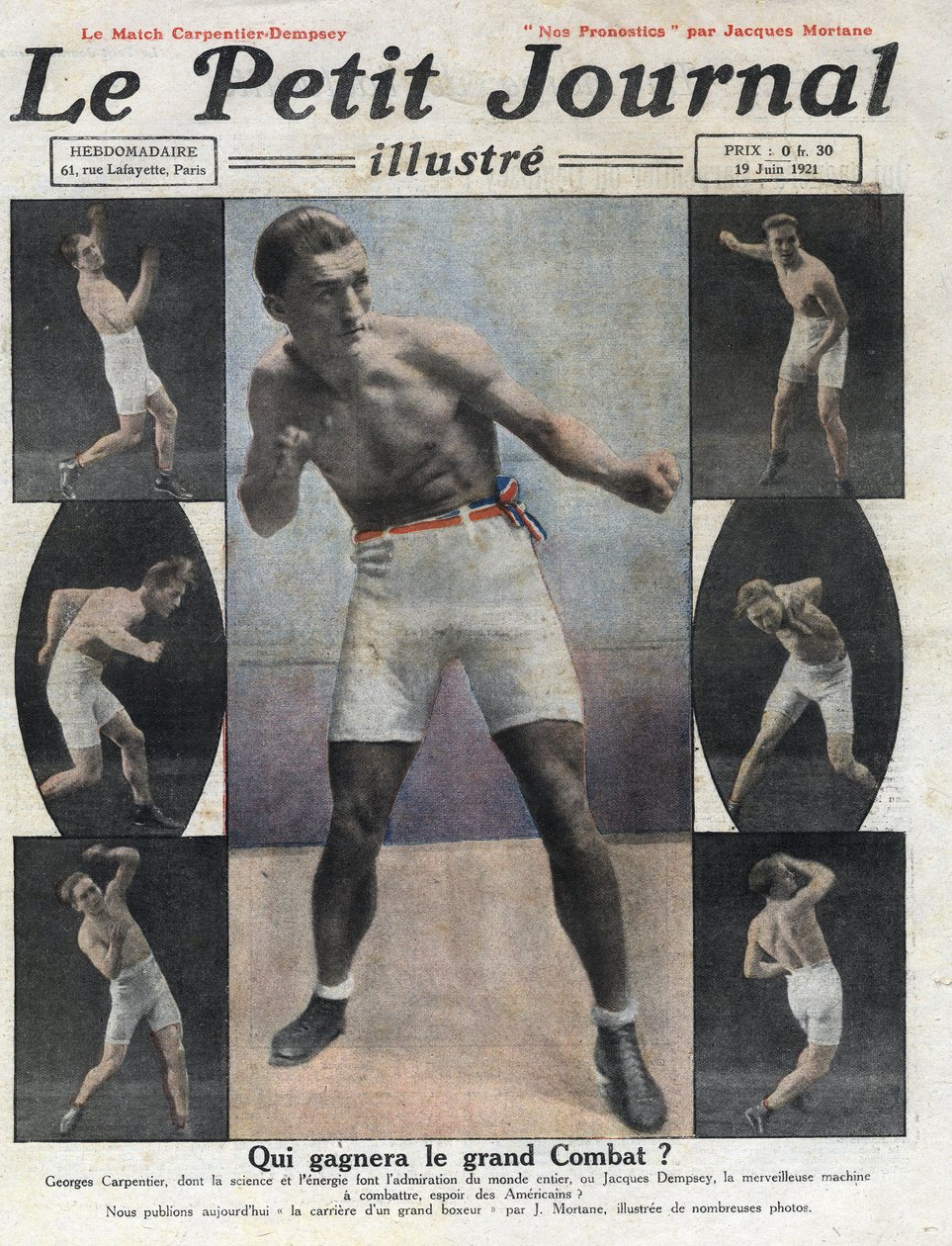 Portrét francouzského boxera Georgese Carpentiera, který bude bojovat s americkým boxerem Jackem Dempseym o titul mistra světa. Ilustrace převzata z „Le petit journal illustrious“““ z 19. 6. 1921. Soukromá sbírka od Anonymous Anonymous