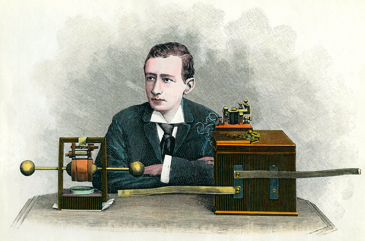Portrét Guglielma Marconiho (1874-1937), italského fyzika, vynálezce telegrafu. Rytina kolem roku 1900 Soukromá sbírka od Anonymous Anonymous