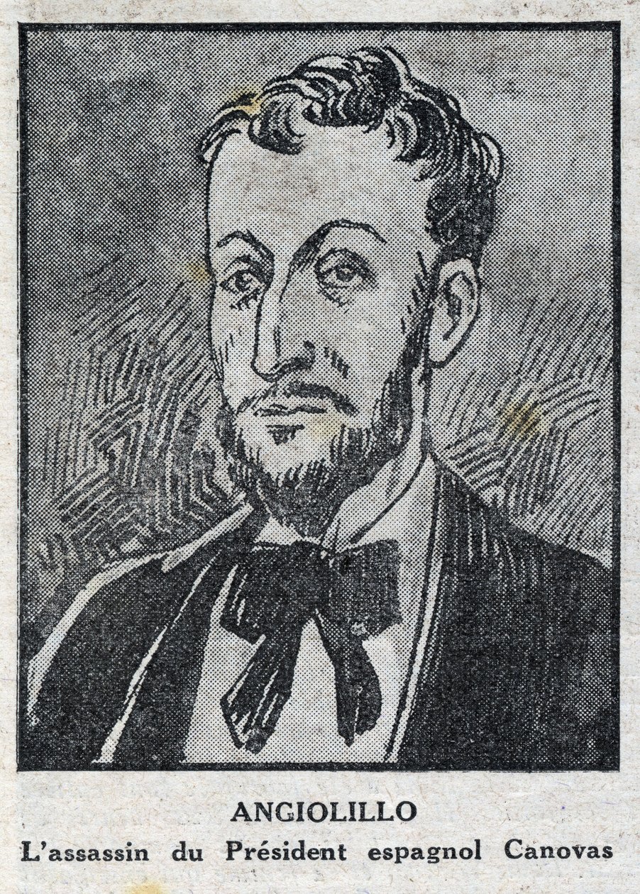 Portrét Michele Angiolillo Lombardi dit Jose Sants nebo Rinaldini, italský anarchista (1871-1897) atentátník na prezidenta Španělské rady Antonia Canovas del Castillo (1828-1897). Rytina do „“L