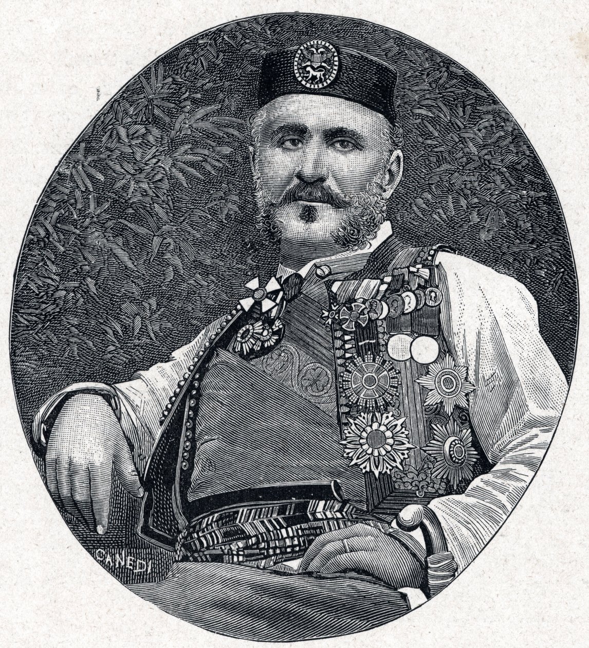 Portrét Mikuláše I. Černé Hory (Nikola I Petrovic-Njegos) (Petrovic Njegos) (1841-1921), knížete Černé Hory a Berdy. Rytina do „Les Missions Catholiques au XIXeme Siecle““ od Louis-Eugene (Louis Eugene) Louvet. soukromá sbírka. od Anonymous Anonymous