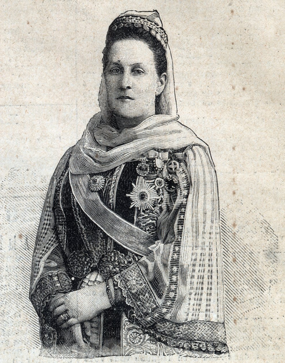 Portrét Olgy Konstantinovny z Ruska (1851-1926) řecké královny. Rytina „“Le Peute Parisien““ od Anonymous Anonymous