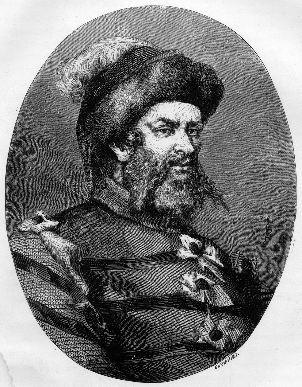 Portrét Philippa Guilleryho (Guilleriho) (1566-1608) Francouzský lupič - rytina Leona Baillyho z roku 1863 v „“ Le Livre Rouge – Histoire De L