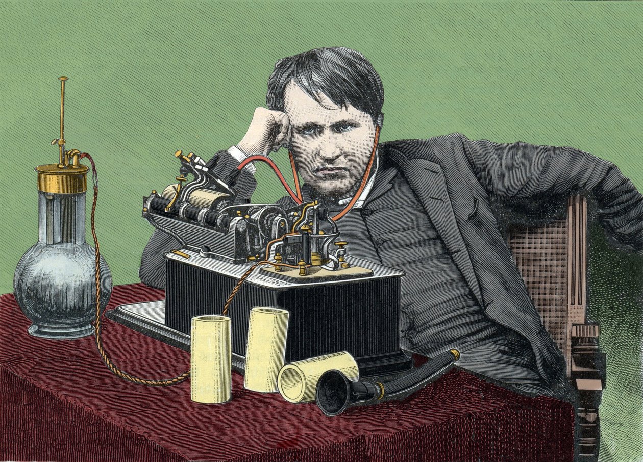 Portrét Thomase Edisona (1847-1931), amerického fyzika, s jeho fonografem. Rytina kolem roku 1900. od Anonymous Anonymous