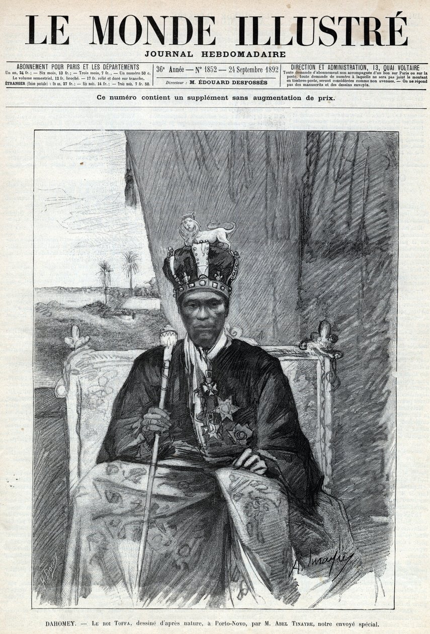 Portrét Tofy I (Toffa) (cca 1850-1908), krále Dahomey (Benin) do Porto Novo (Porto-Novo). Noviny. Rytina v „Le monde illustree““ z roku 1892. Soukromá sbírka. od Anonymous Anonymous