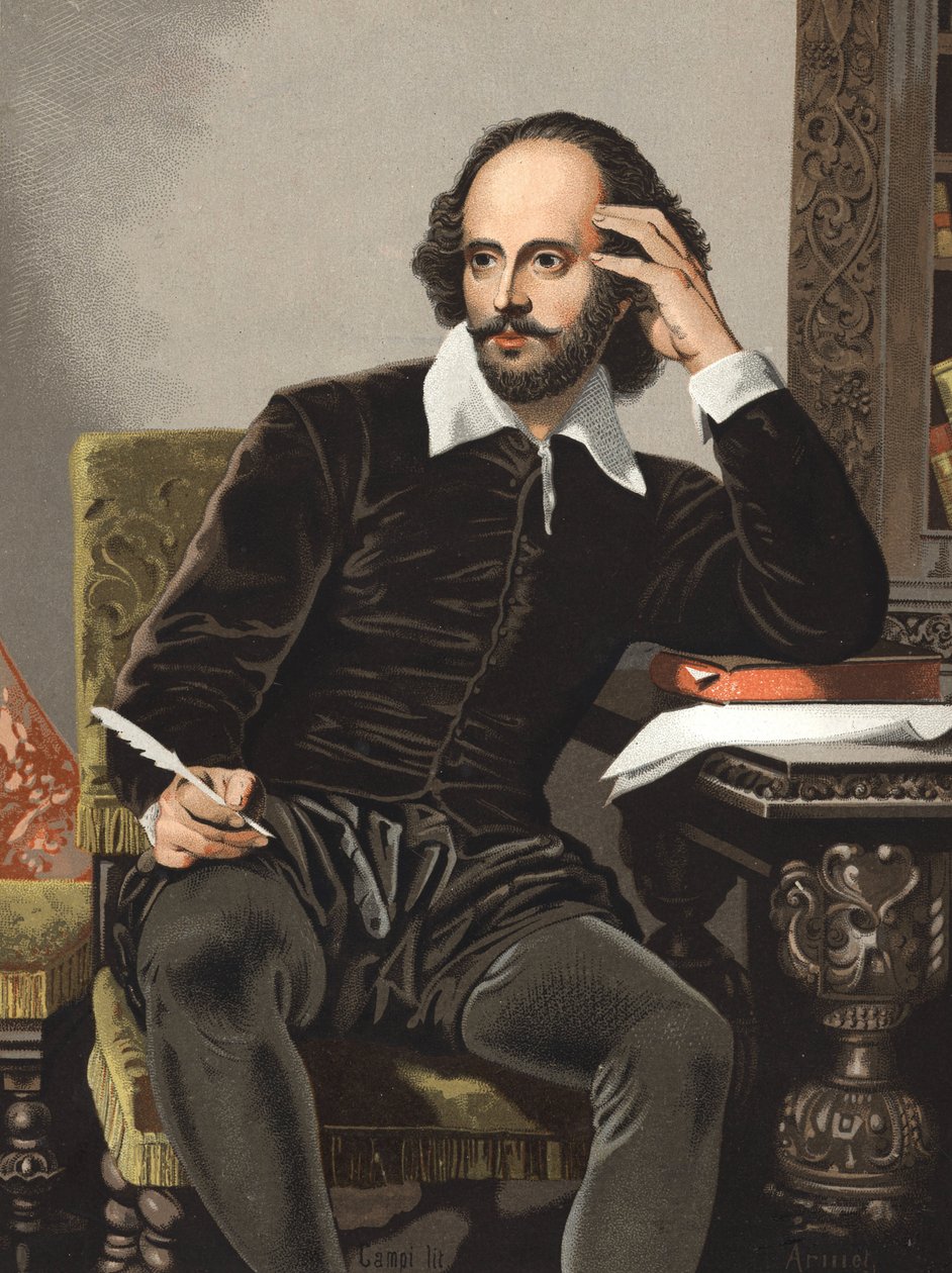 Portrét Williama Shakespeara (1564-1616). od „celebrit mužů a žen“. Barcelona 1877 (rytina). od Anonymous Anonymous