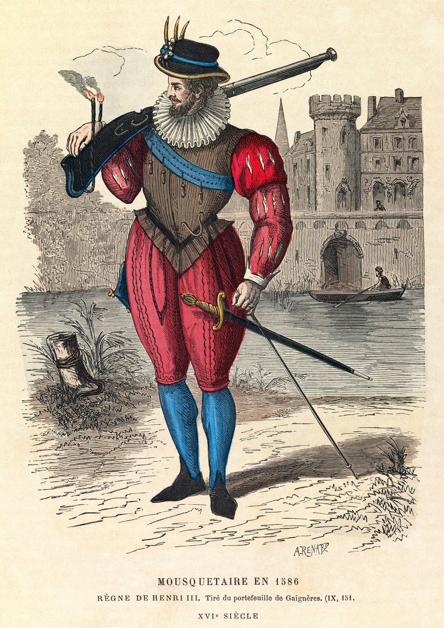 Portrét mušketýra v roce 1586 v Paříži (za vlády krále Jindřicha III.), rytina, soukromá sbírka - Mušketýr v Paříži od Anonymous Anonymous