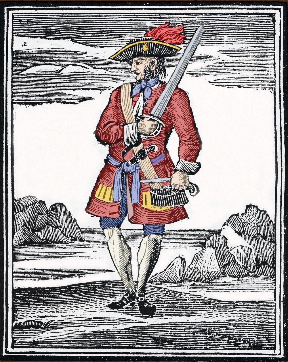 Portrét piráta Jack Rackham říká The Red nebo John Rackham, lépe známý jako Calico Jack (? 1720). Rytina. od Anonymous Anonymous