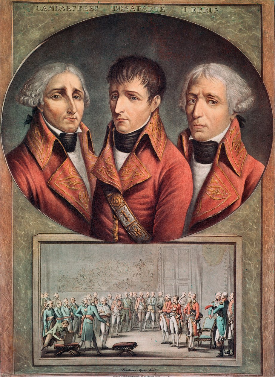 Portrét tří konzulů Cambaceres, Napoleon Bonaparte a Charles-Francois Lebrun (rytina od Anonymous Anonymous