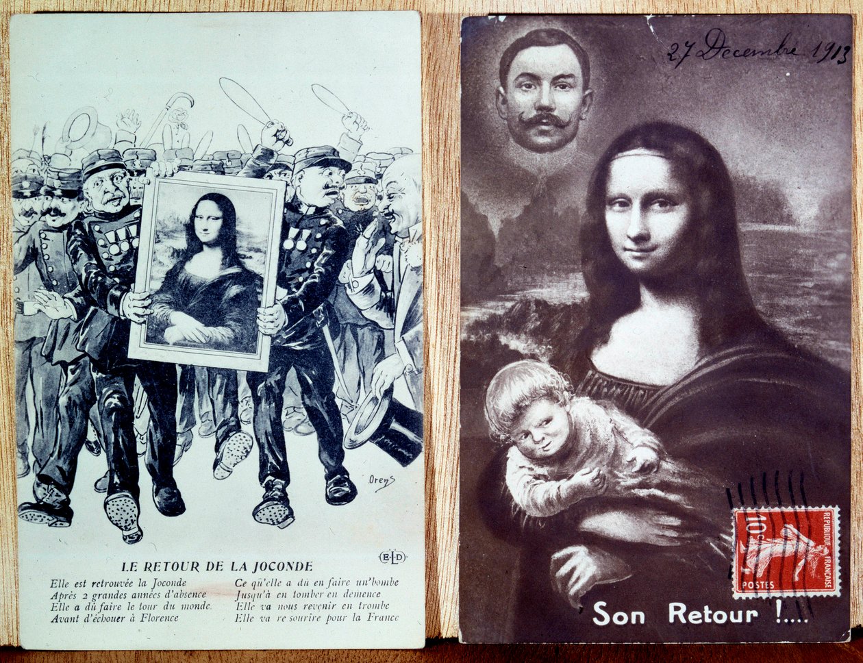 Pohlednice oslavující návrat Leonarda de Vinciho „Mona Lisa, Monna Lisa“ (1452-1519) po letu Vincenza Peruggia (1881-1925) v roce 1911. 27.12.1913 od Anonymous Anonymous