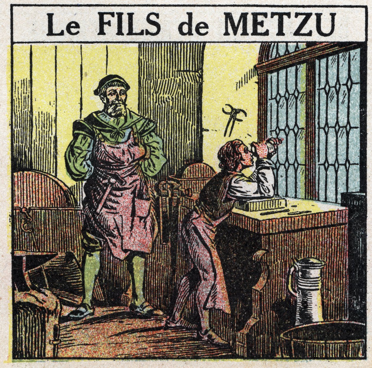 Hranoly a čočky: Metzuův syn. Holanďan Jacob Metzu (Jacques Metius) objevil dalekohled náhodou v roce 1609, když sledoval svého syna, jak si hraje s konkávními a konvexními brýlemi. Anonymní ilustrace z roku 1925. Soukromá sbírka. od Anonymous Anonymous