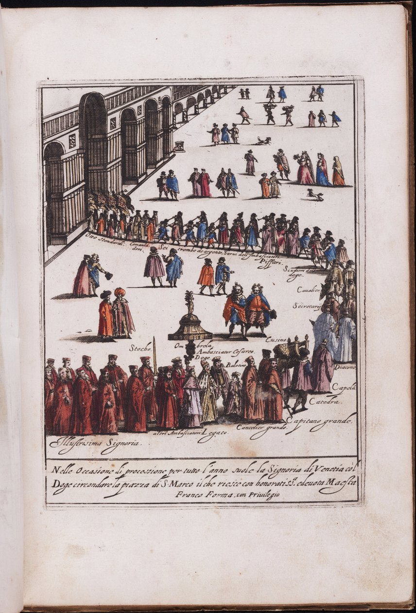 Procesí du doge et de son entourage sur la place Saint Marc, Venise - Průvod dóžete a jeho doprovodu na náměstí Piazza San Marco v Benátkách, Anonym. Mědirytina, akvarel od Anonymous Anonymous