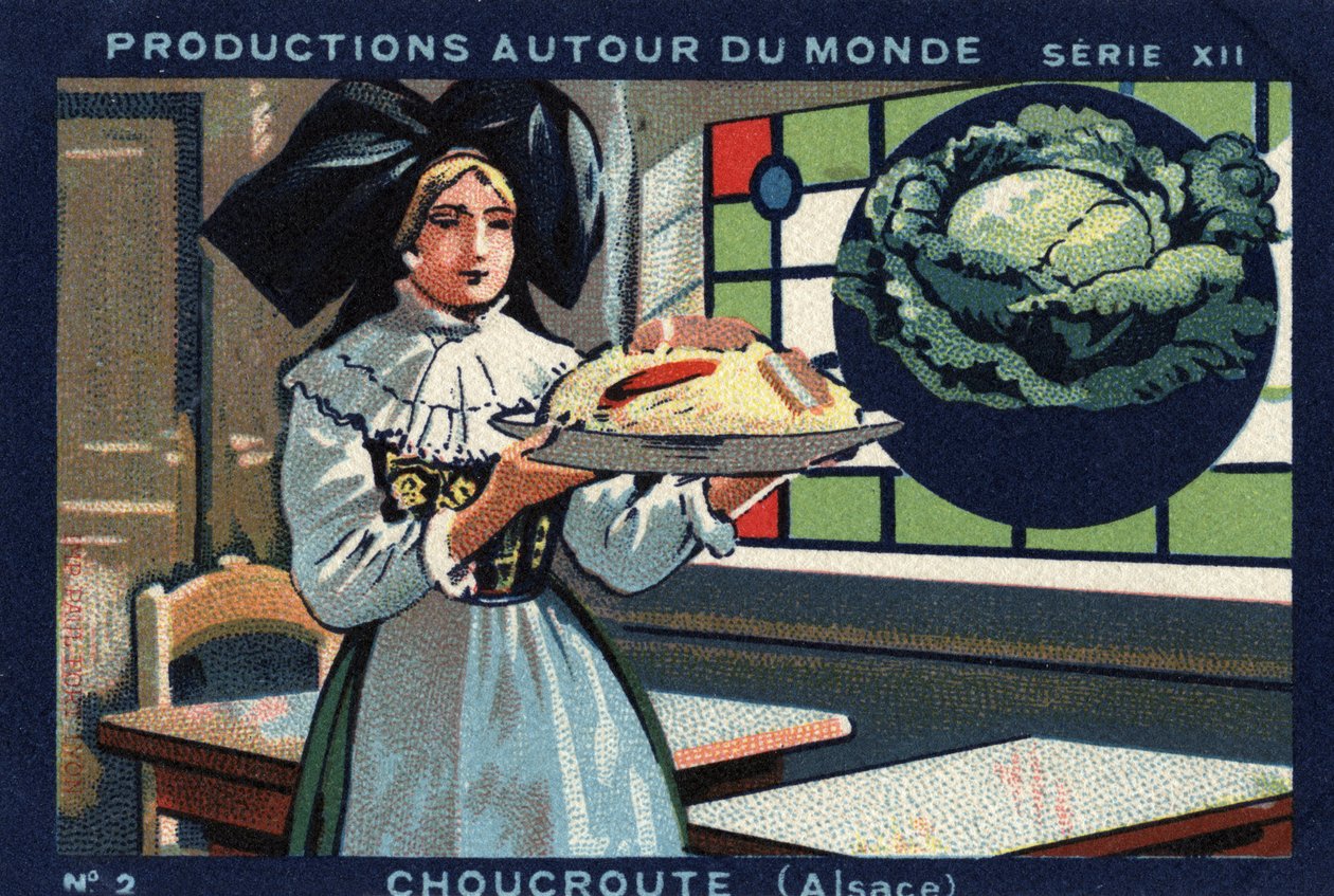 Produkce po celém světě: kysané zelí v Alsasku. Chromolitografie z roku 1933 v „Album Joseph-Milliat““ od Anonymous Anonymous