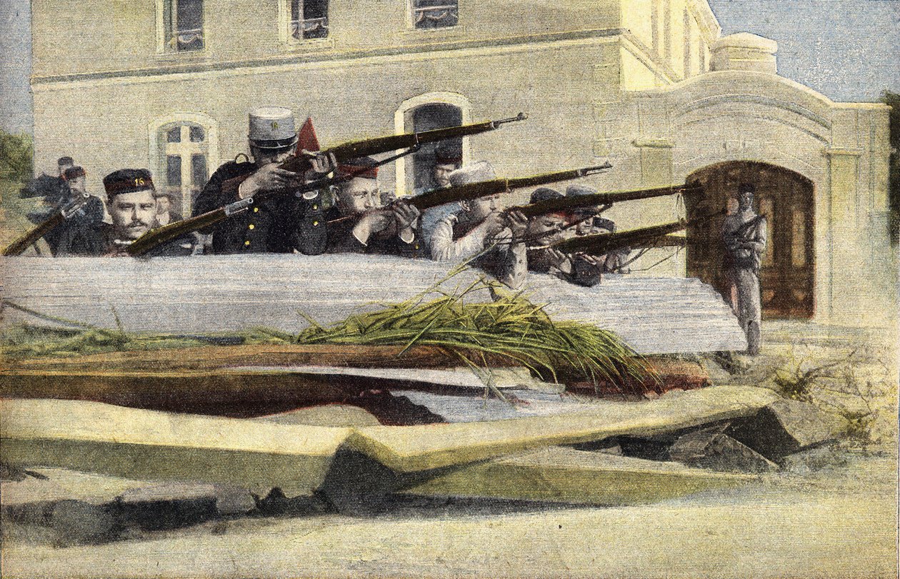 Portugalská revoluce: barikáda na ulici v Lisabonu. Rytina. Jeden z novin „Le petit parisien“ z 23.10.1910. Soukromá sbírka. od Anonymous Anonymous