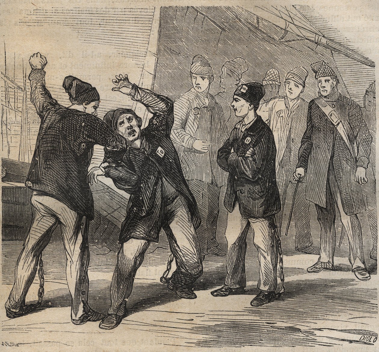 Pugilatská scéna v Toulon Bagne v 19. století. Rytina do „Historie trestanců od jejich vzniku až po současnost“ (1877) od Pierra Zacconeho (1817-1895) (Colonia Penale - Trestná kolonie). Soukromá sbírka. od Anonymous Anonymous