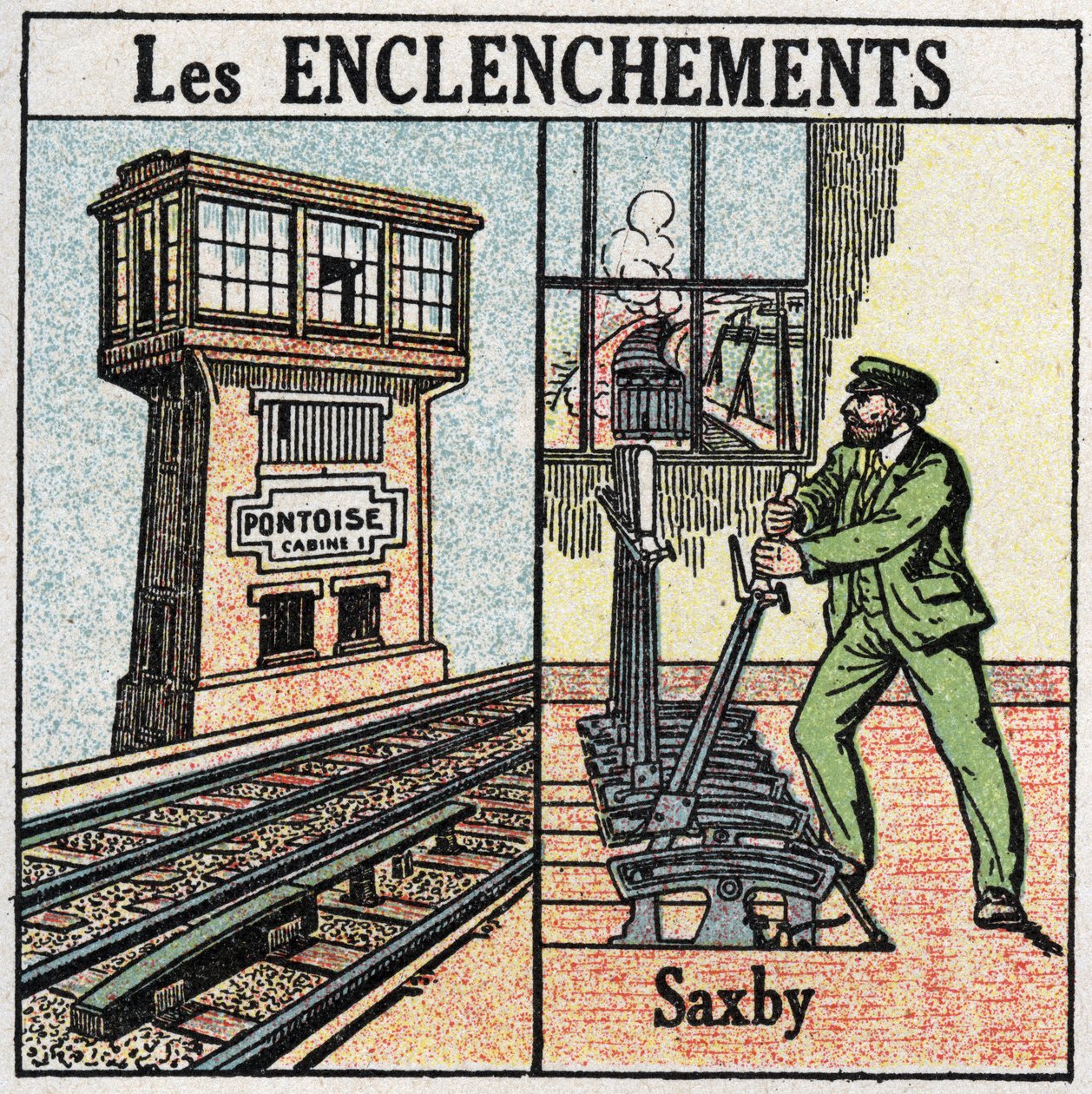 Železnice: stavědla. Železnice využívající individuální pákovou stanici Saxby. Anonymní ilustrace z roku 1925. Soukromá sbírka. od Anonymous Anonymous