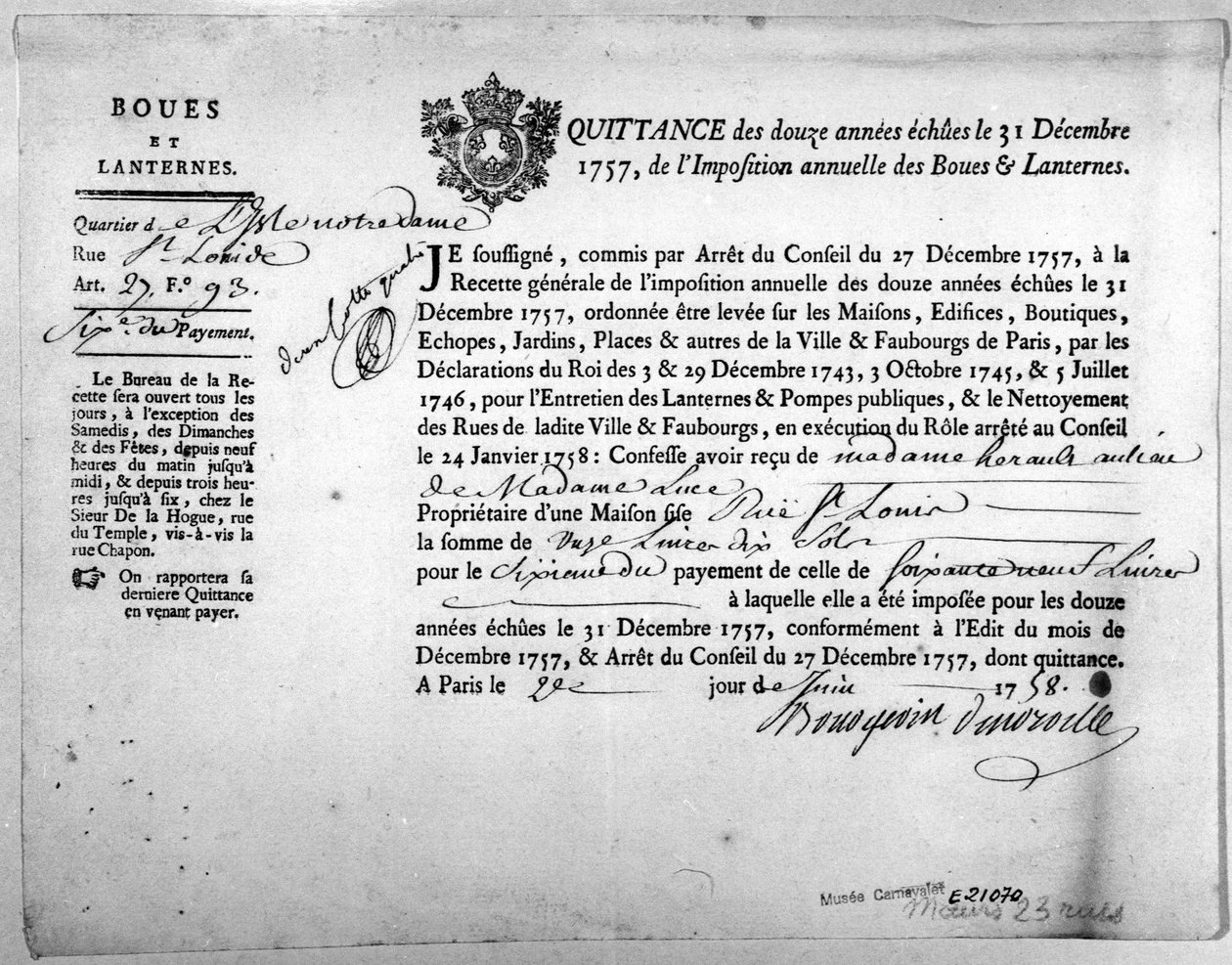 Potvrzení od finančního úřadu týkající se platby daní za bláto a lucerny z prosince 1757. od Anonymous Anonymous