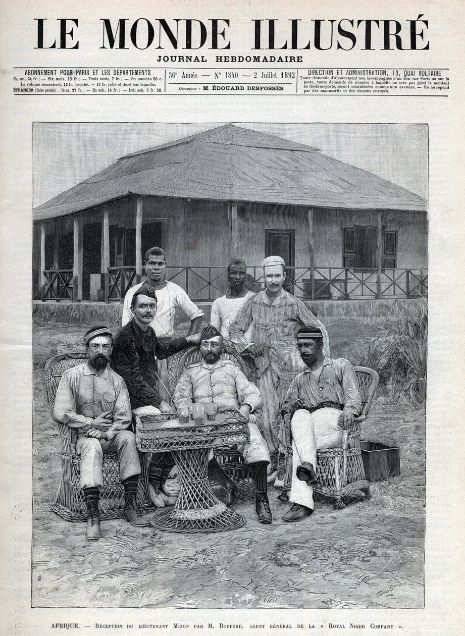 Přijetí poručíka Mizona Frederickem Bedfordem (1838-1913), generálním agentem Royal Niger Company. Francouzský průzkumník Louis Alexandre Antoine Mizon (1853-1899) během své cesty do západní Afriky. Noviny. Rytina v „Le monde illustree““ z roku 1892. od Anonymous Anonymous