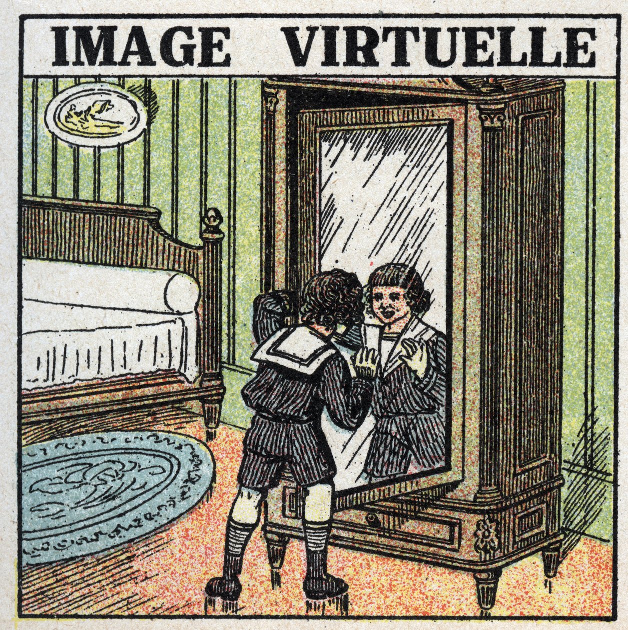 Odraz světla: virtuální obraz. Dítě uvažuje o svém odrazu v zrcadle. Anonymní ilustrace z roku 1925. Soukromá sbírka. od Anonymous Anonymous