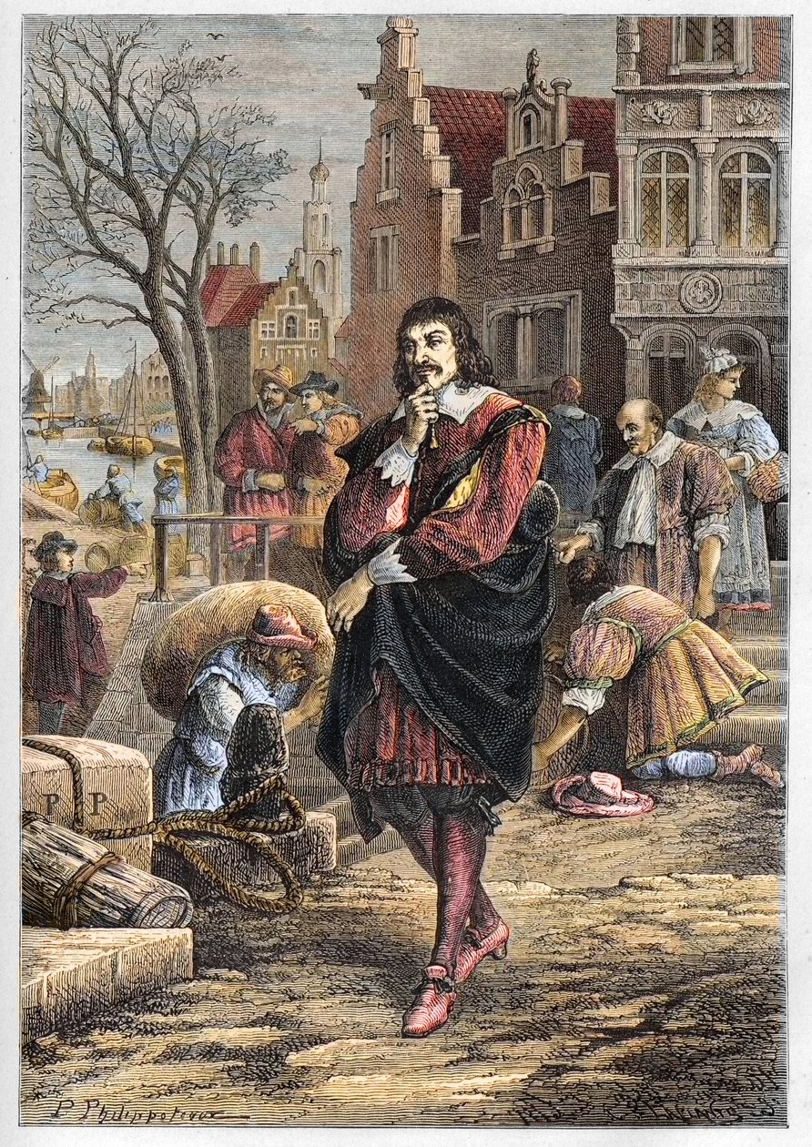 René Descartes (1596-1650), francouzský filozof a matematik procházející ulicemi Amsterdamu - Descartes v Amsterdamu - rytina z "" L