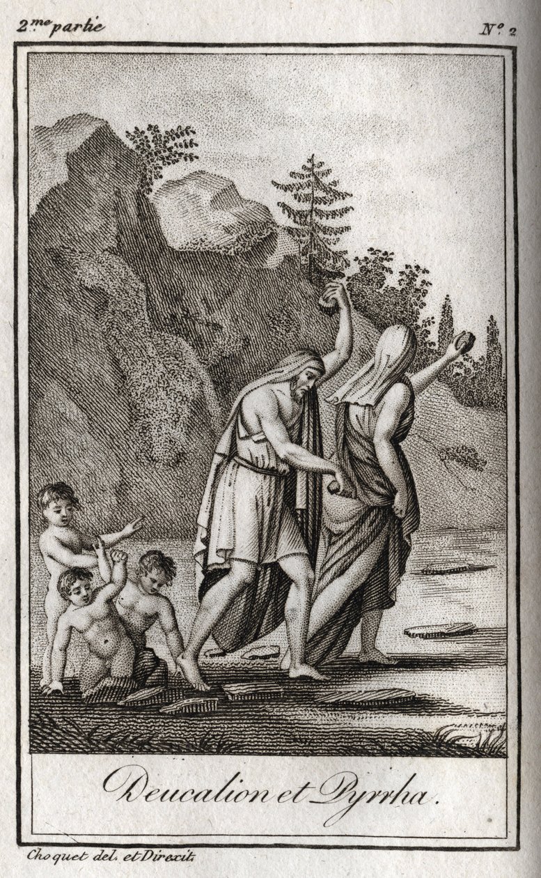 Reprezentace Deucaliona a Pyrrhy, kteří jako jediní přežili po potopě způsobené Zeusem, aby zničil lidskou rasu. Themis je po potopě požádá, aby chodili s hlavou pokrytou tím, že za ně hodí kosti své matky (kameny Země) (Re od Anonymous Anonymous