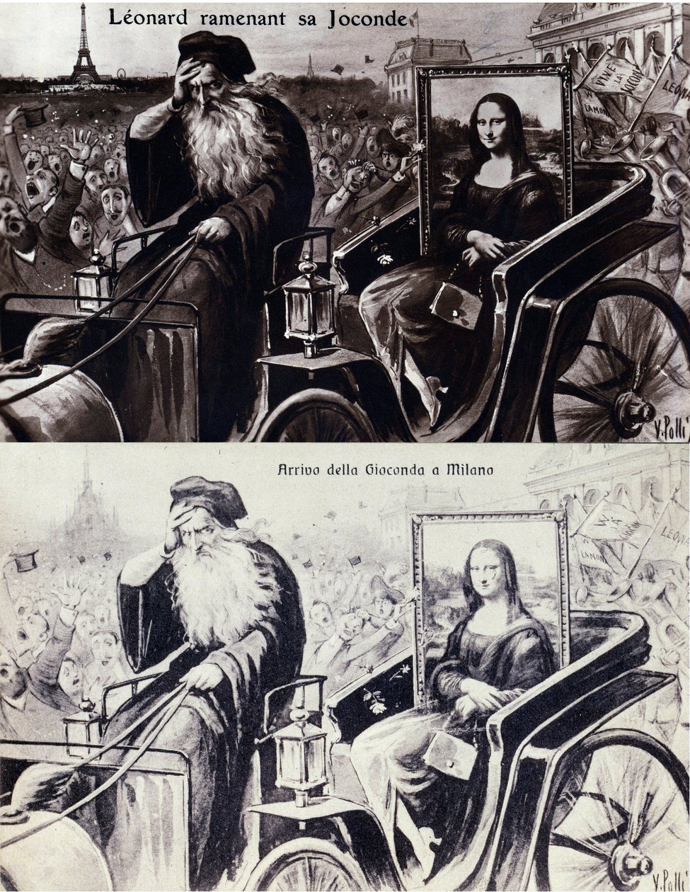 Reprezentace Leonarda de Vinci (Leonardo da Vinci) (1452-1519) přinášející zpět jeho dílo „Mona Lisa““ (Mona Lisa, Monna Lisa) po krádeži díla Vincenzem Peruggiem (1881-1925), ke které došlo dne 21.8.1911. Komedie pohlednice od Anonymous Anonymous