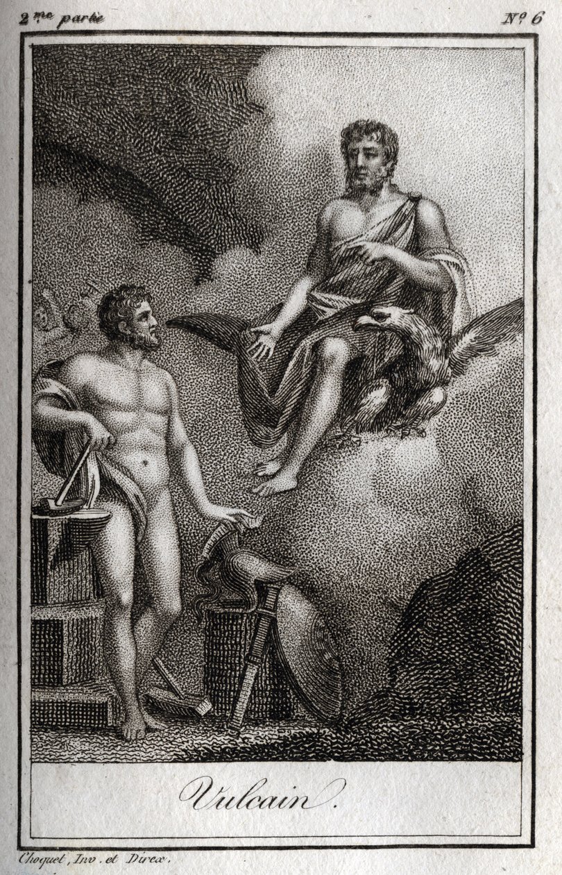 Reprezentace Vulcana, boha ohně, kovárny a sopek. (Vulkán, bůh ohně a sopek). Rytina z roku 1819 v „Lettres a Emilie sur la mythologie“ od Charlese Alberta Demoustiera (1760-1801). Soukromá sbírka. od Anonymous Anonymous
