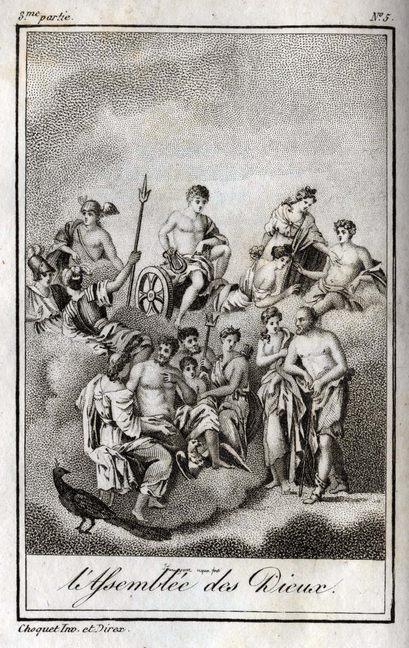 Zastoupení Shromáždění bohů na hoře Olymp nebo Dvanáct olympioniků. Rytina z roku 1819 v „Lettres a Emilie sur la mythologie“ od Charlese Alberta Demoustiera (1760-1801). Soukromá sbírka. od Anonymous Anonymous