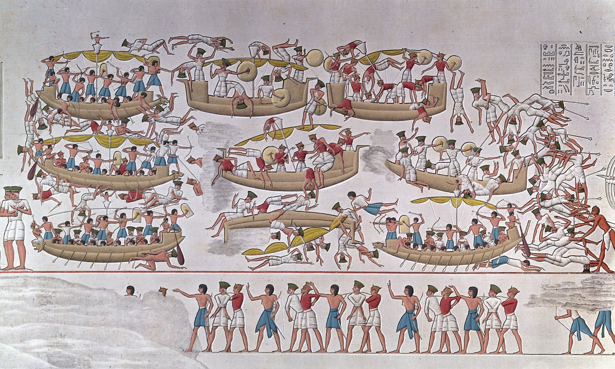 Znázornění bitvy u delty Nilu mezi Armees of Ramses III a národy moře“ Od reliéfu k pohřebnímu chrámu Medinet Habou, Egypt od Anonymous Anonymous