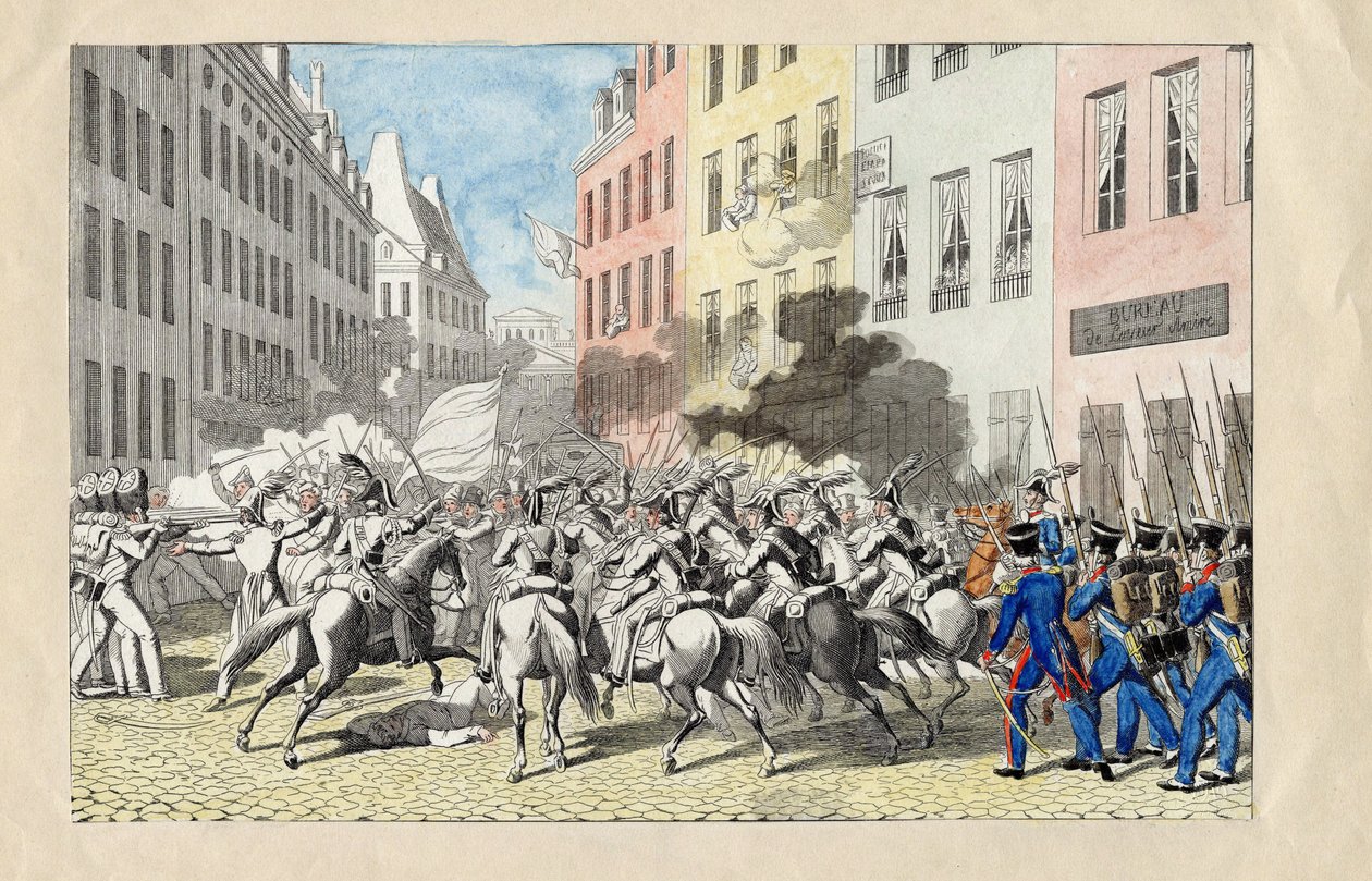 Revolution de Juillet 1830 a Paris (červencová revoluce 1830) Anonymní rytina a akvarel 1830 Rozměr 25,7x40,3 cm Soukromá sbírka od Anonymous Anonymous