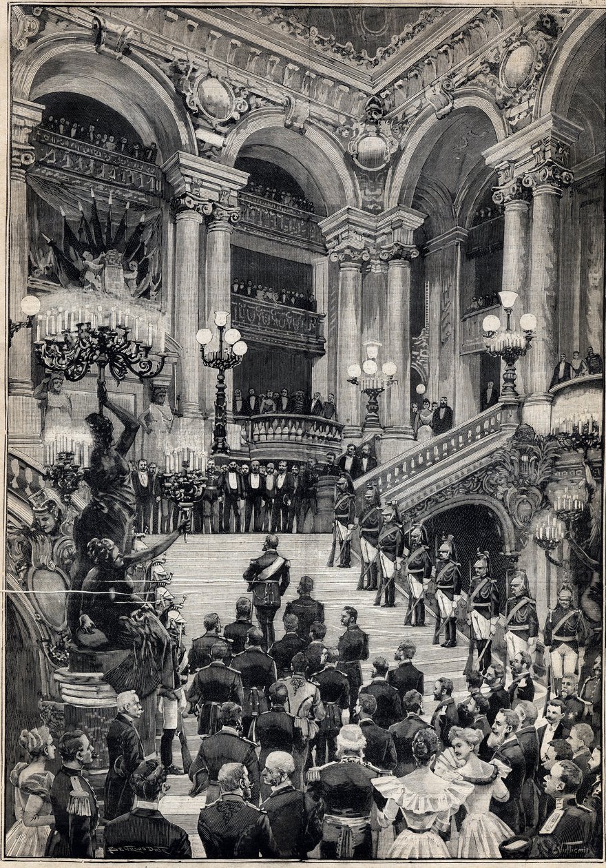 Ruští námořníci stoupají po velkém schodišti během galavečera v Opeře Garnier v Paříži. Rytina v „“Le Petit Parisien““ dne 29.10.1893. od Anonymous Anonymous