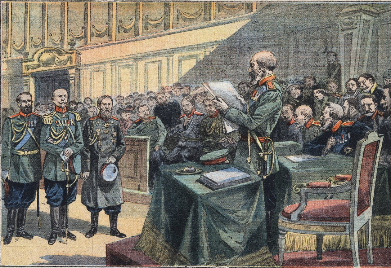 Russo japonská válka: Epilog obležení Port Arthur (Port Arthur). Odsouzení generála Stoessela, generála Focka bylo napomenuto a generálové Reiss a Smyrnoff zprostili viny Engraving z novin „“Le Petite Parisien““ od Anonymous Anonymous