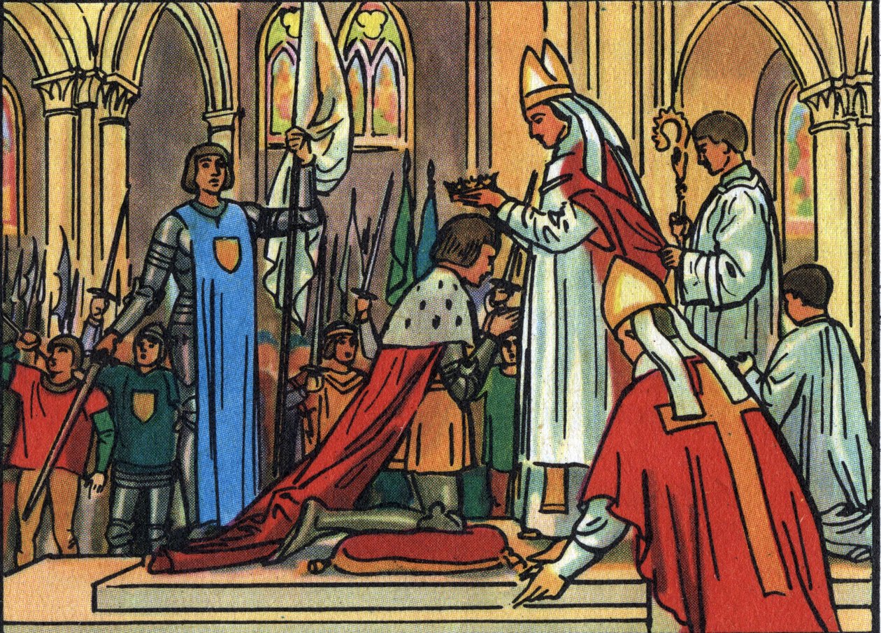 Posvátný král Karel VII. (1422-1461) v remešském Archeveque dne 17.7.1429 za přítomnosti Johanky z Arku (1412-1431). Anonymní ilustrace v “” Collection des souverains et chefs d
