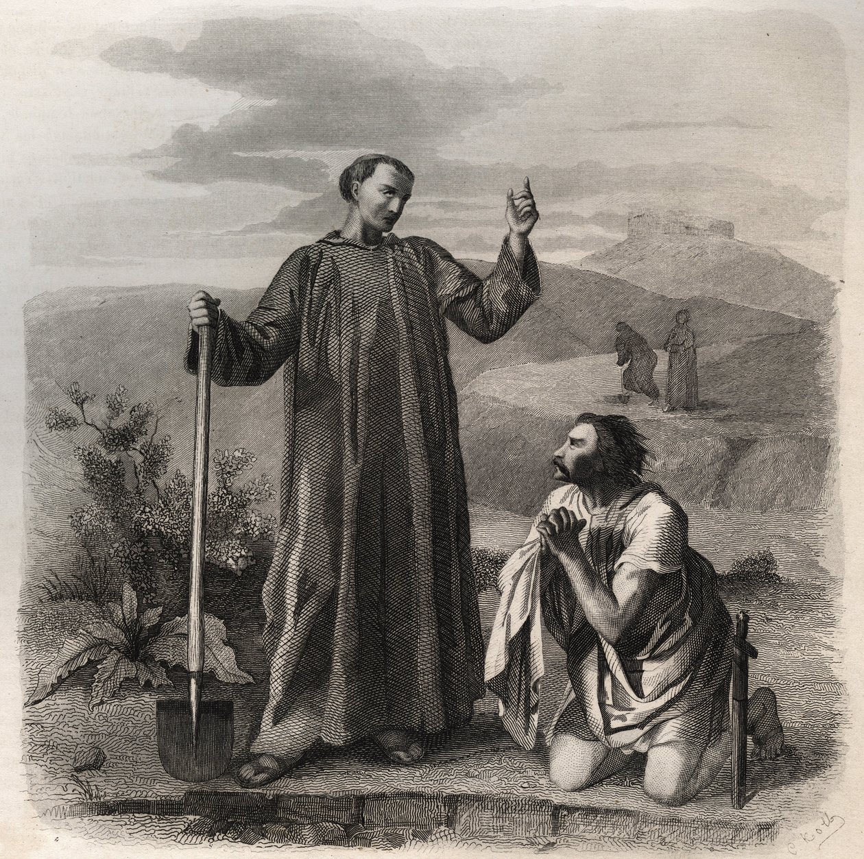 Svatý Benedikt z Nursie vítá Totilu (6. století), krále Ostrogótů. Rytina z roku 1846 v „Životech svatých““. Soukromá sbírka. od Anonymous Anonymous